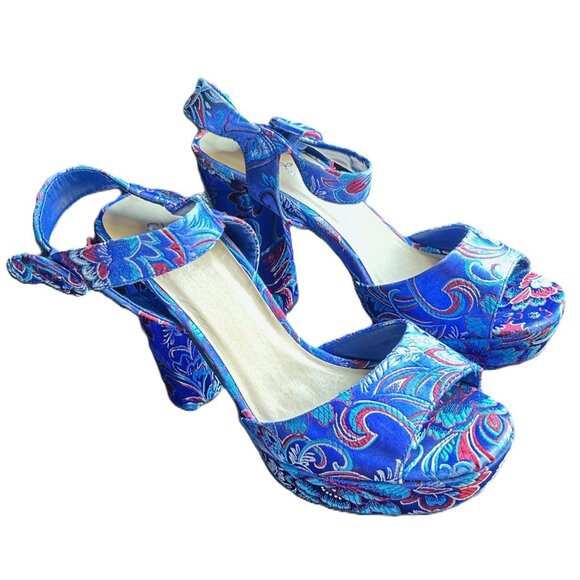 High Heel Platform Sandals SZ 8 Blue floral satin, 4.7" Heels - Picture 3 of 12